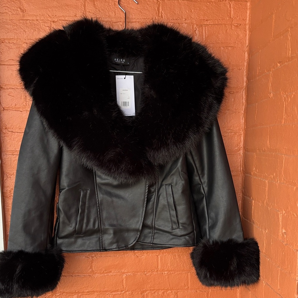 AKIRA Luxe Black Leather Jacket with Faux Fur